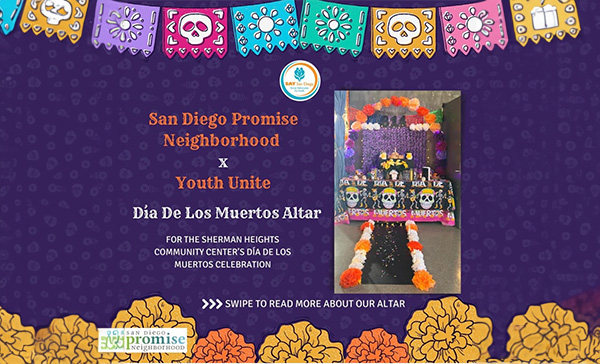 Colorful flyer featuring a Día de Los Muertos altar decorated with marigolds and skulls, advertising "San Diego Promise Neighborhood x Youth Unite" event for Sherman Heights Community Centers.