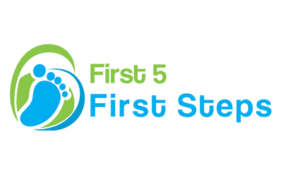 Logo for "First 5 First Steps" featuring a blue and green footprint design on the left.
