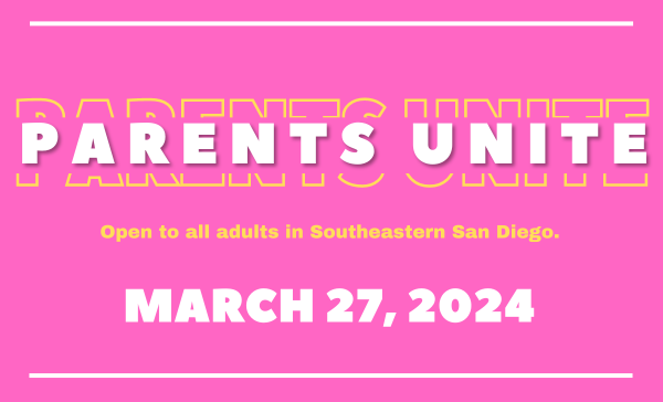 Pink poster with text reading "Parents Unite" and "Open to all adults in Southeastern San Diego." Event date: March 27, 2024. Part of San Diego Events.