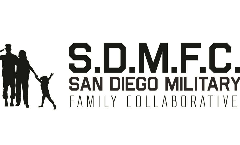 Logo of the San Diego Military Family Collaborative (S.D.M.F.C.) showing a silhouette of a military person, a woman, and two children holding hands, with text below the acronym.