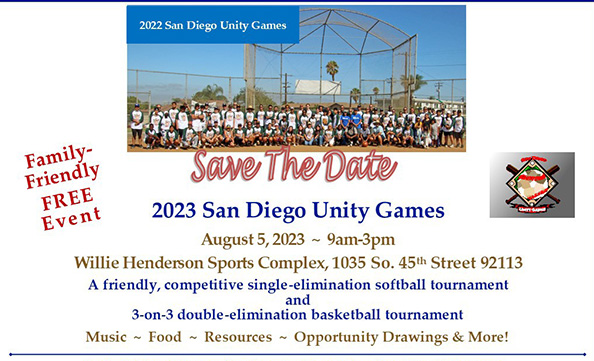 Flyer for 2023 San Diego Unity Games on August 5, 2023, from 9am-3pm at Willie Henderson Sports Complex. Features single-elimination softball and double-elimination basketball tournaments. This family-friendly, free event is one of the must-attend San Diego events of the year!