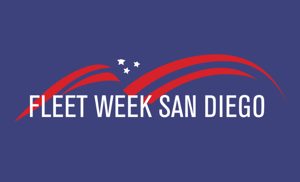 Fleet Week San Diego logo with curved red stripes and white stars on a blue background.